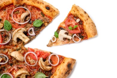 Tasty pizza with basil, mushrooms, onion and tomato isolated on white, top view