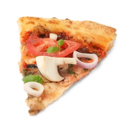 Photo of Piece of tasty pizza with basil, mushroom, onion and tomato isolated on white