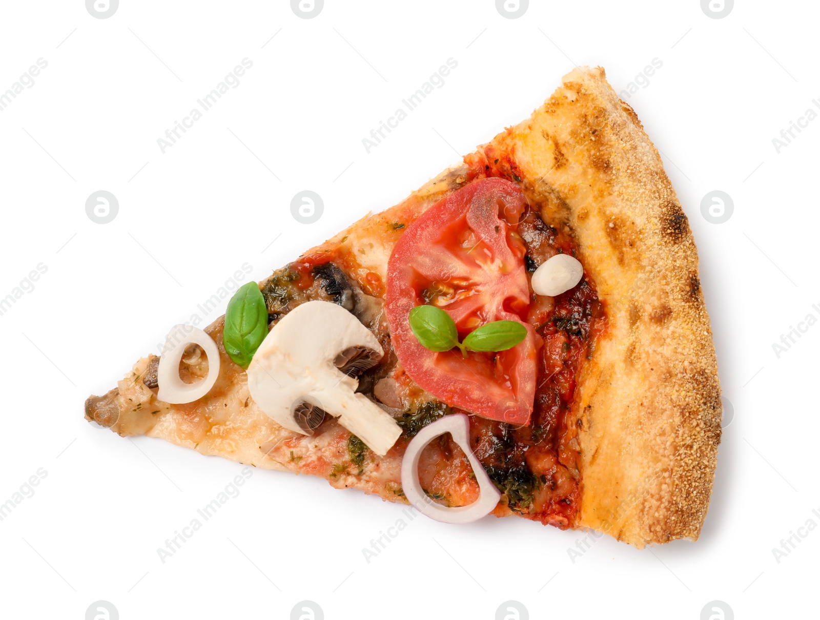 Photo of Piece of tasty pizza with basil, mushroom, onion and tomato isolated on white, top view