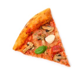 Photo of Piece of tasty pizza with basil, mushrooms, mozzarella and tomato isolated on white, top view