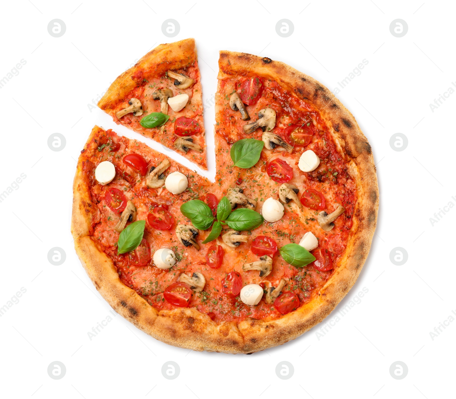 Photo of Tasty pizza with basil, mushrooms, mozzarella and tomato isolated on white, top view