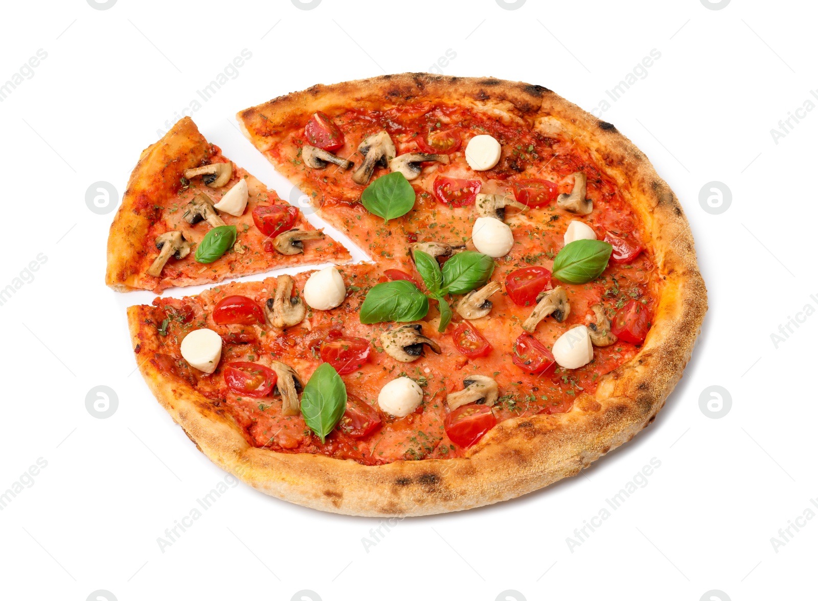 Photo of Tasty pizza with basil, mushrooms, mozzarella and tomato isolated on white