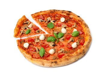 Photo of Tasty pizza with basil, mushrooms, mozzarella and tomato isolated on white