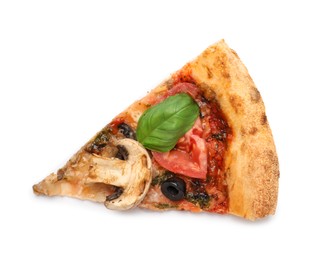 Photo of Piece of tasty pizza with basil, mushroom, olive and tomato isolated on white, top view