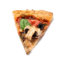 Photo of Piece of tasty pizza with basil, mushroom, olive and tomato isolated on white