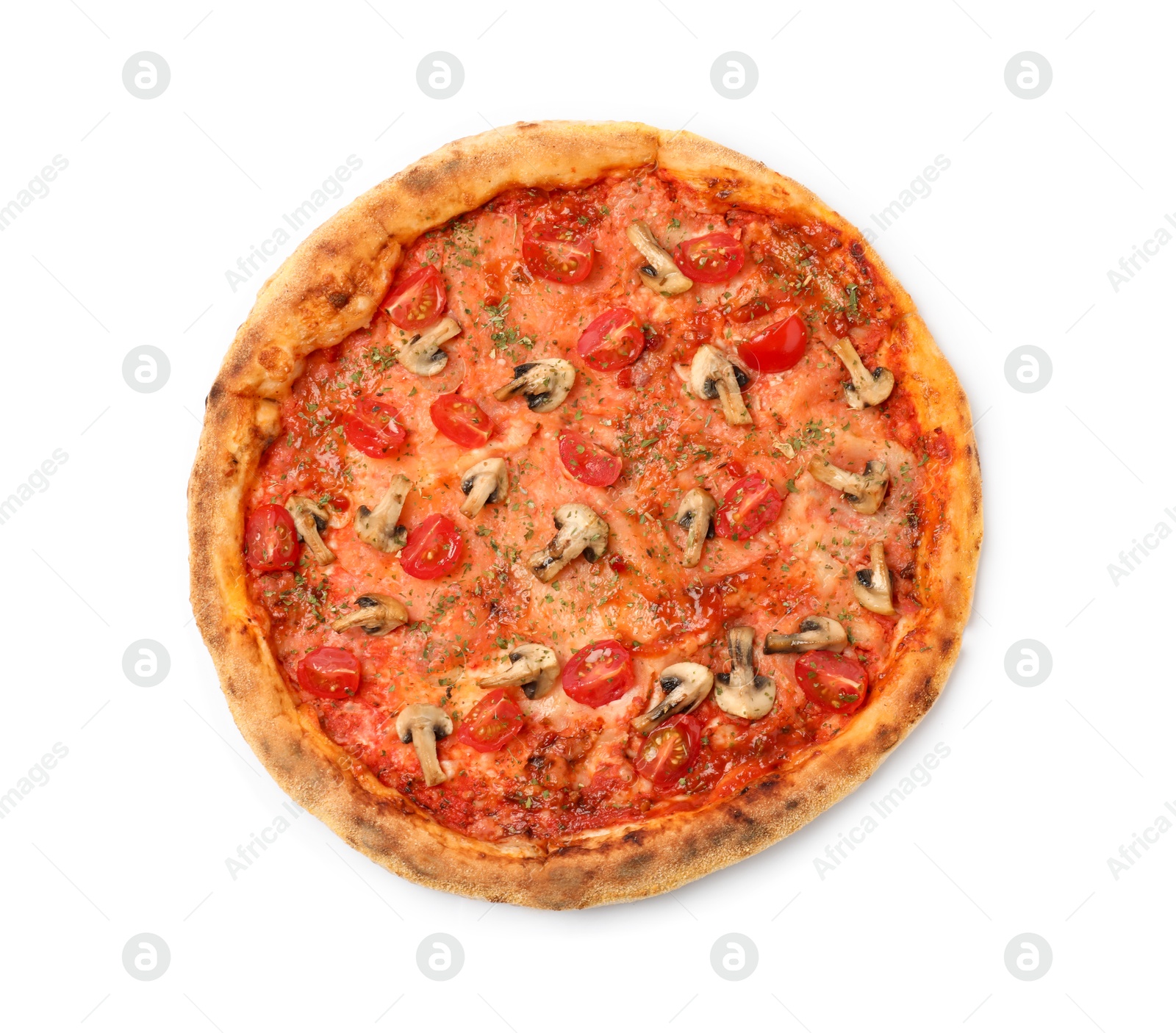 Photo of Tasty pizza with mushrooms, herbs and tomato isolated on white, top view