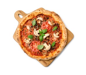 Photo of Tasty pizza with basil, mushrooms and tomato isolated on white, top view