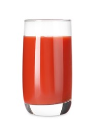 Photo of Fresh tomato juice in glass isolated on white