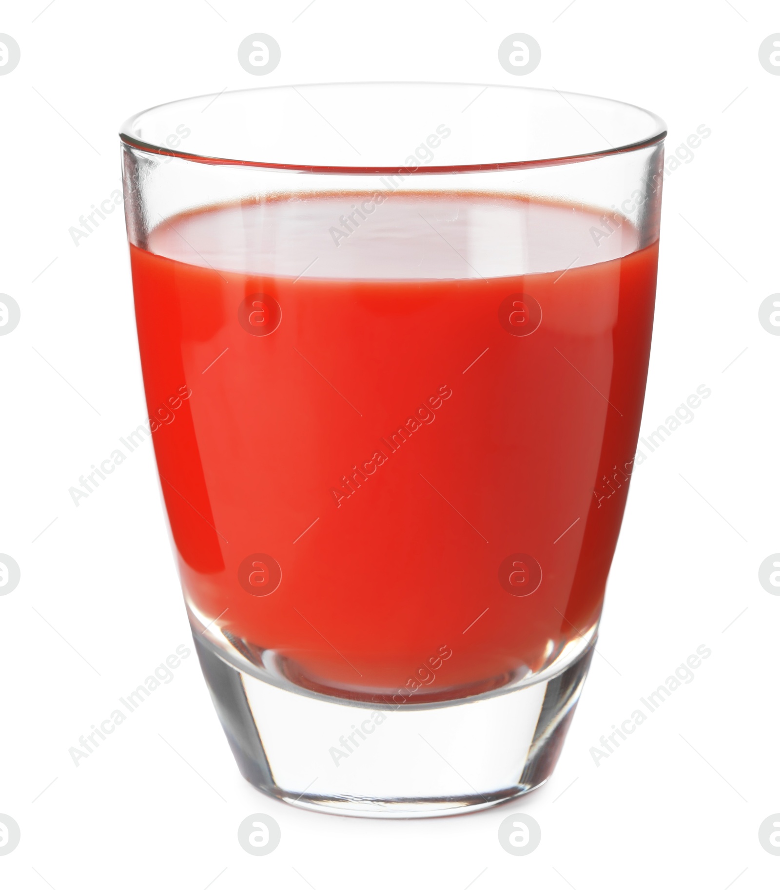 Photo of Fresh tomato juice in glass isolated on white