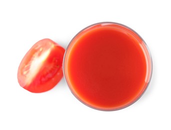 Photo of Tasty tomato juice in glass and fresh vegetable isolated on white, top view