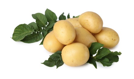 Photo of Fresh raw potatoes and green leaves isolated on white