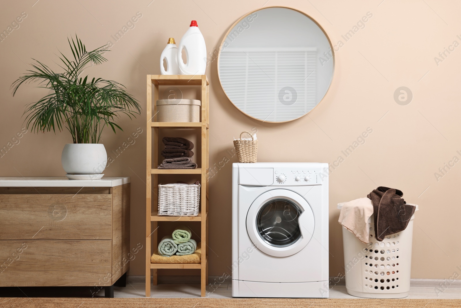 Photo of Stylish laundry room interior with washing machine, furniture, detergents and houseplant