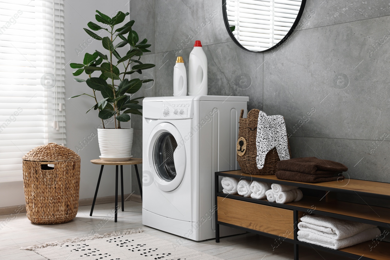 Photo of Washing machine, detergents, houseplant, baskets and storage cabinet in laundry room