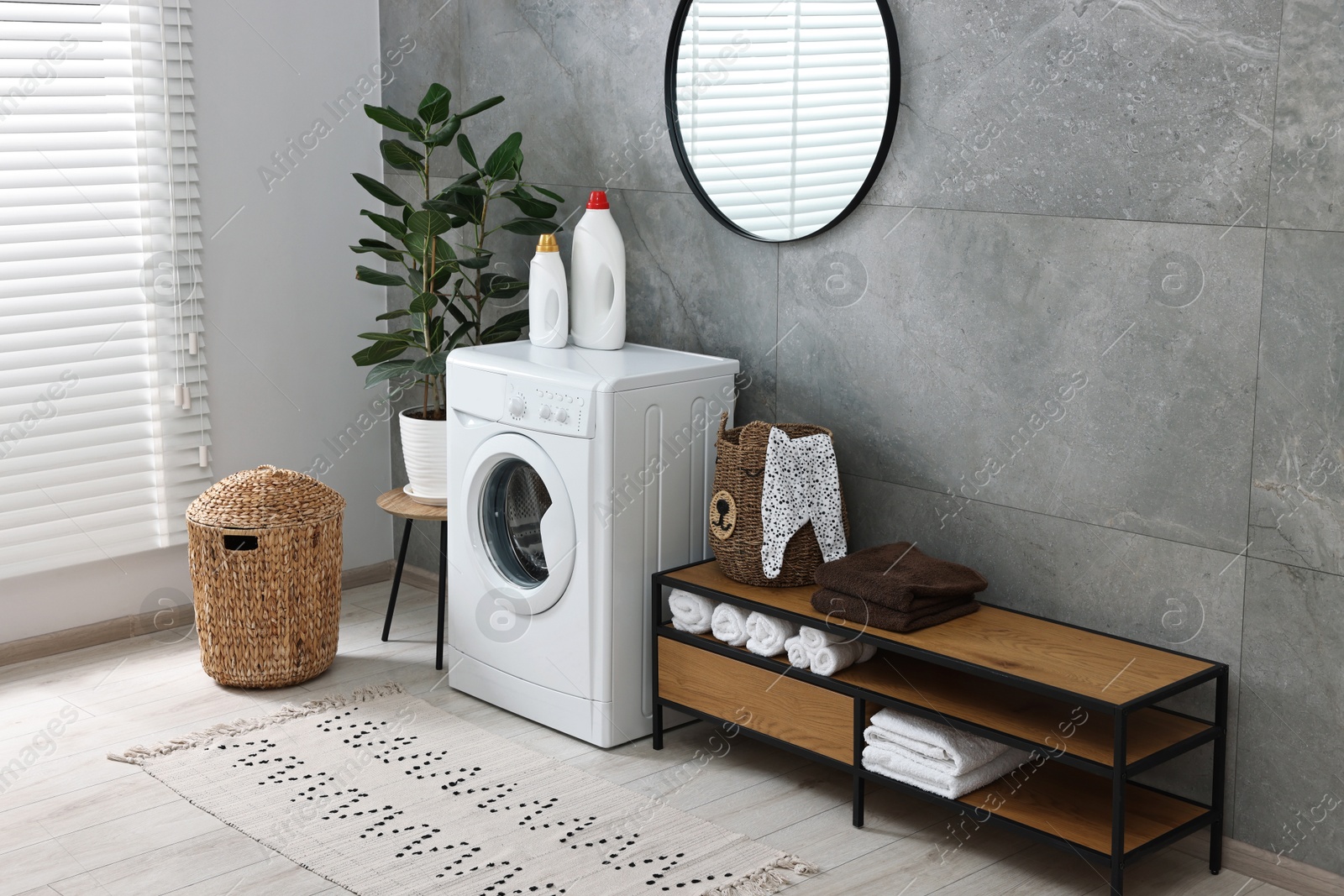 Photo of Washing machine, detergents, houseplant, baskets and storage cabinet in laundry room