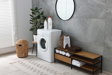 Washing machine, detergents, houseplant, baskets and storage cabinet in laundry room