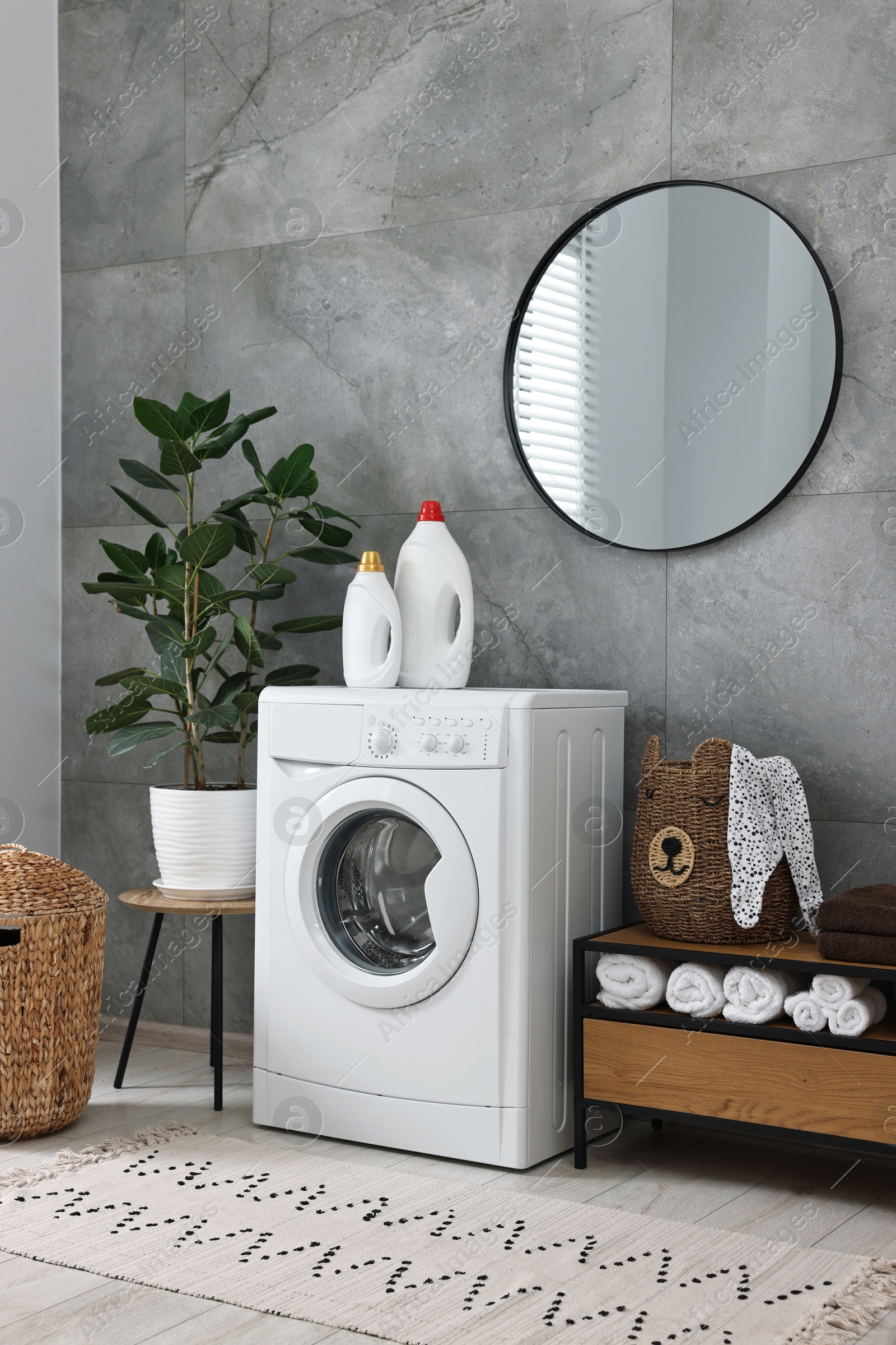 Photo of Washing machine, detergents, houseplant, baskets and storage cabinet in laundry room