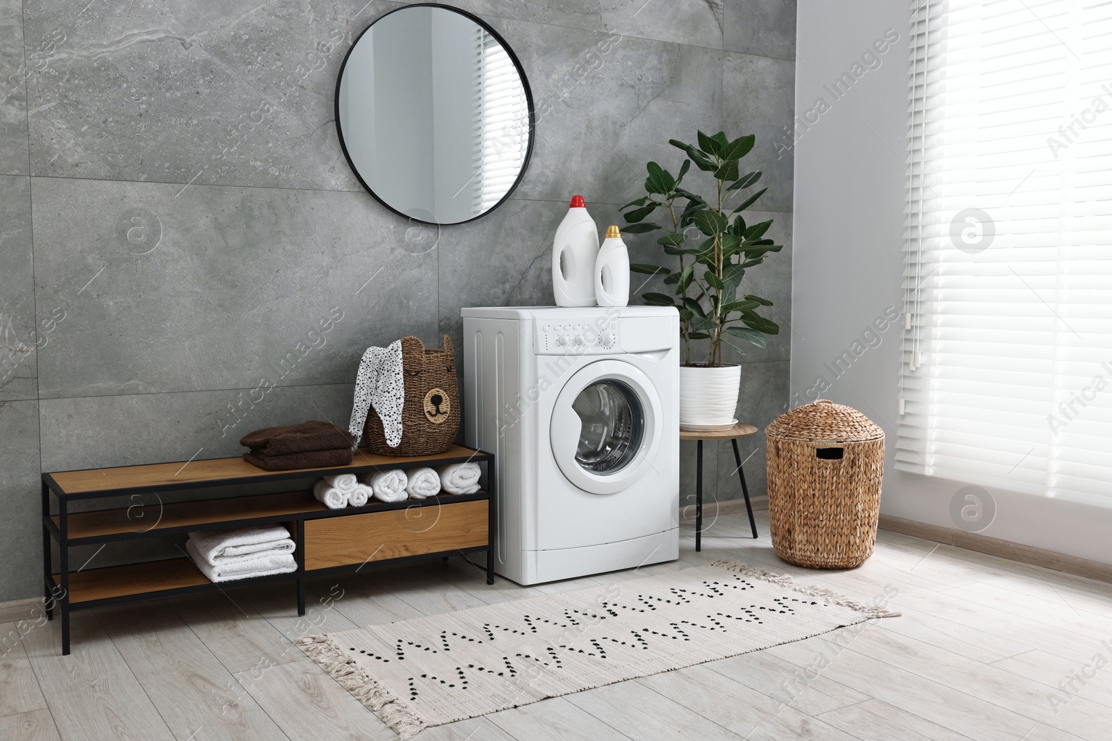 Photo of Washing machine, detergents, houseplant, baskets and storage cabinet in laundry room