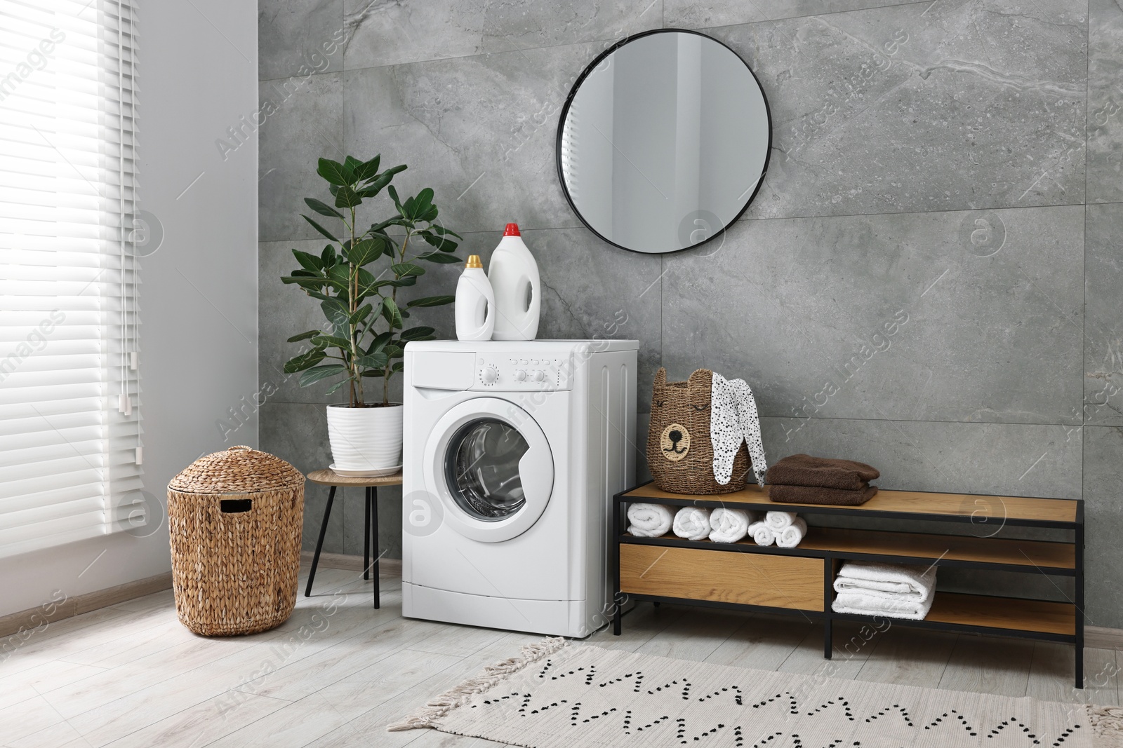 Photo of Washing machine, detergents, houseplant, baskets and storage cabinet in laundry room