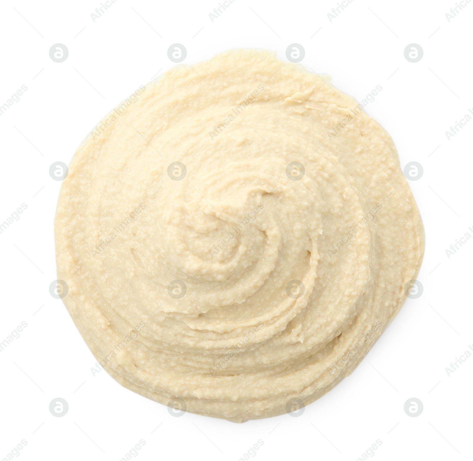 Photo of Sample of delicious hummus isolated on white, top view