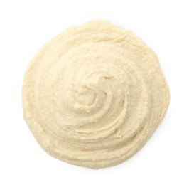 Photo of Sample of delicious hummus isolated on white, top view