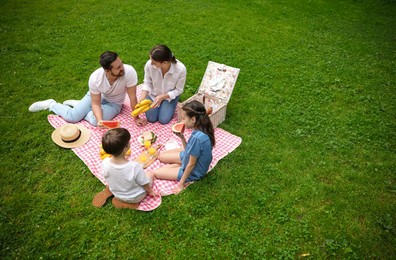 Photo of Family picnic. Parents and their children eating on green grass outdoors, above view. Space for text