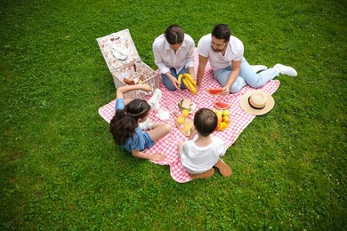Photo of Family picnic. Parents and their children eating on green grass outdoors, above view