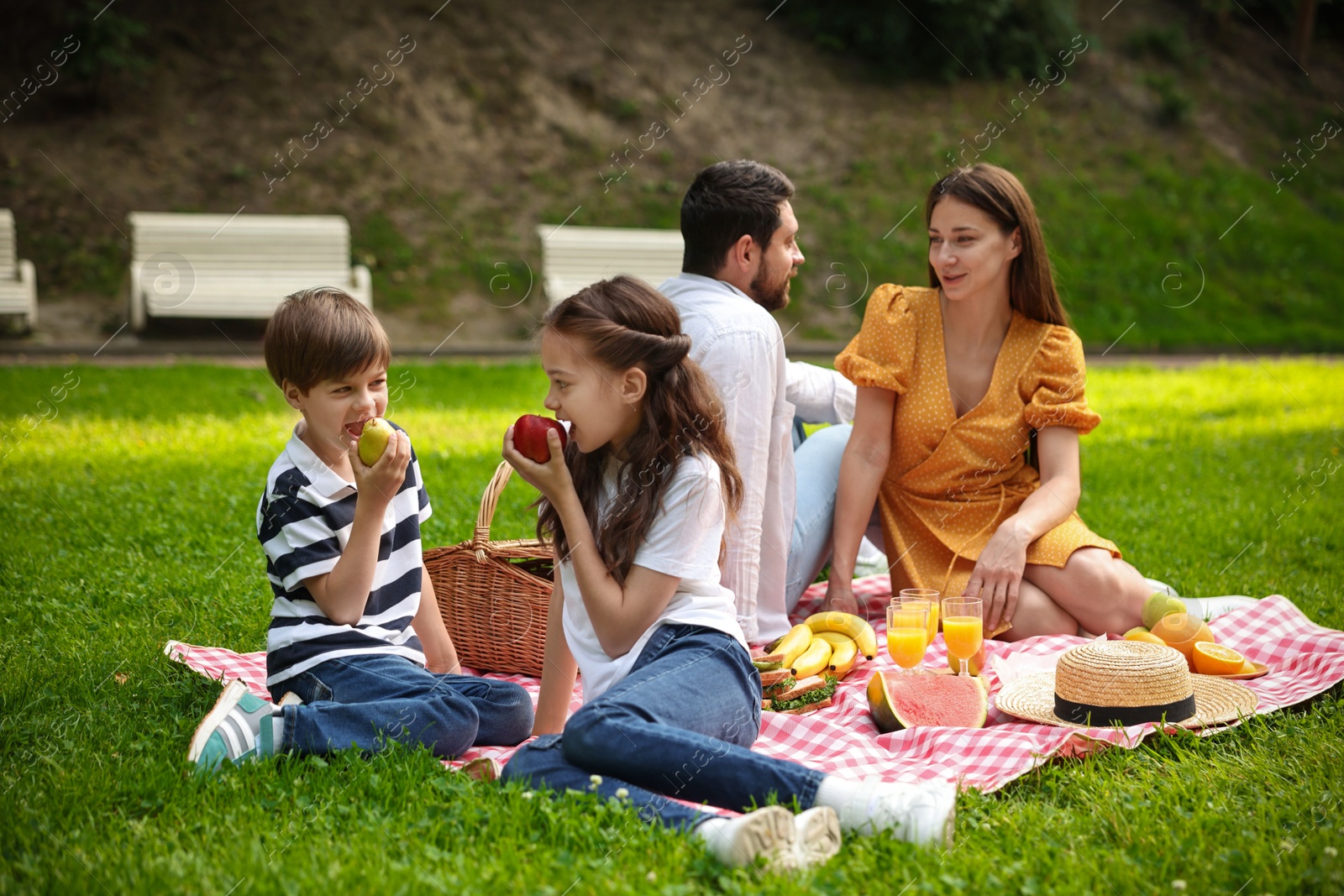 Photo of Lovely family having picnic together in park