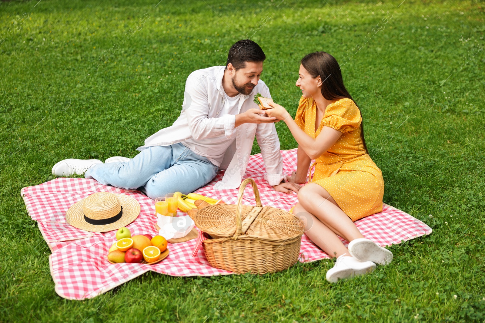 Photo of Romantic picnic. Woman feeding her boyfriend on blanket outdoors