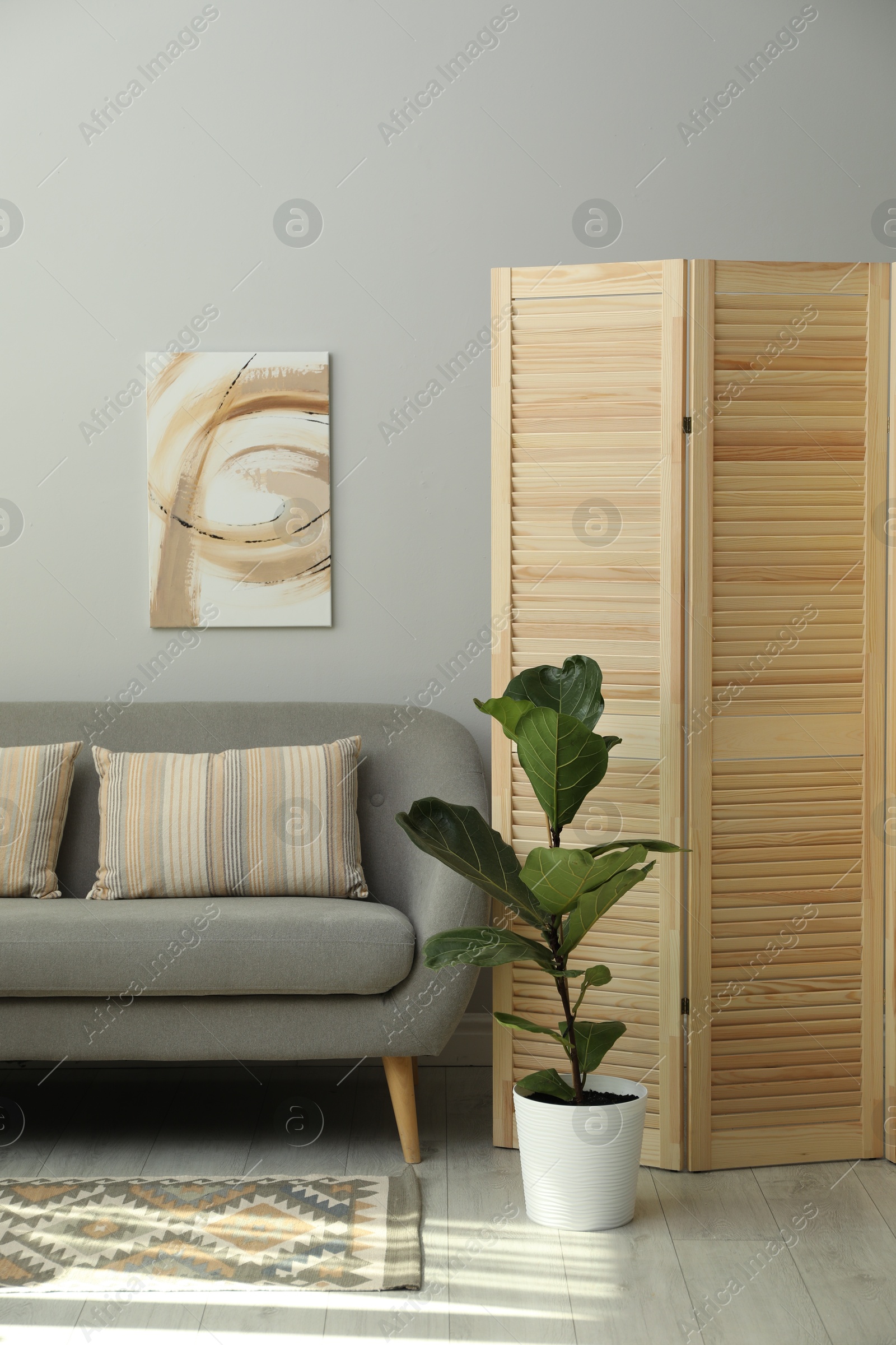 Photo of Wooden folding screen, sofa and houseplant in living room