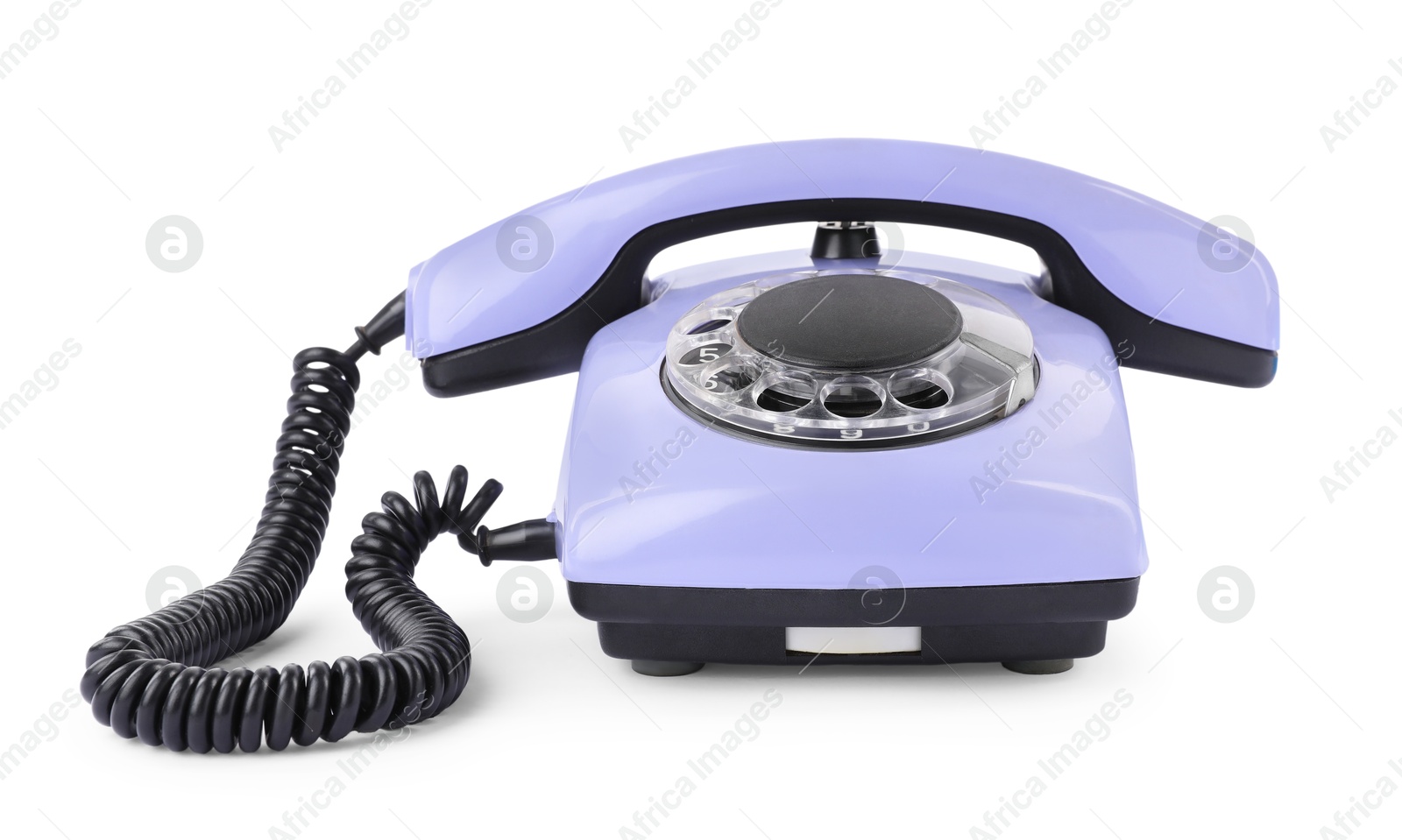 Photo of One violet telephone with handset isolated on white