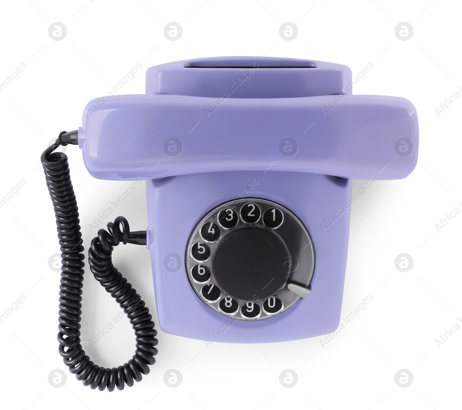 Photo of One violet telephone isolated on white, top view