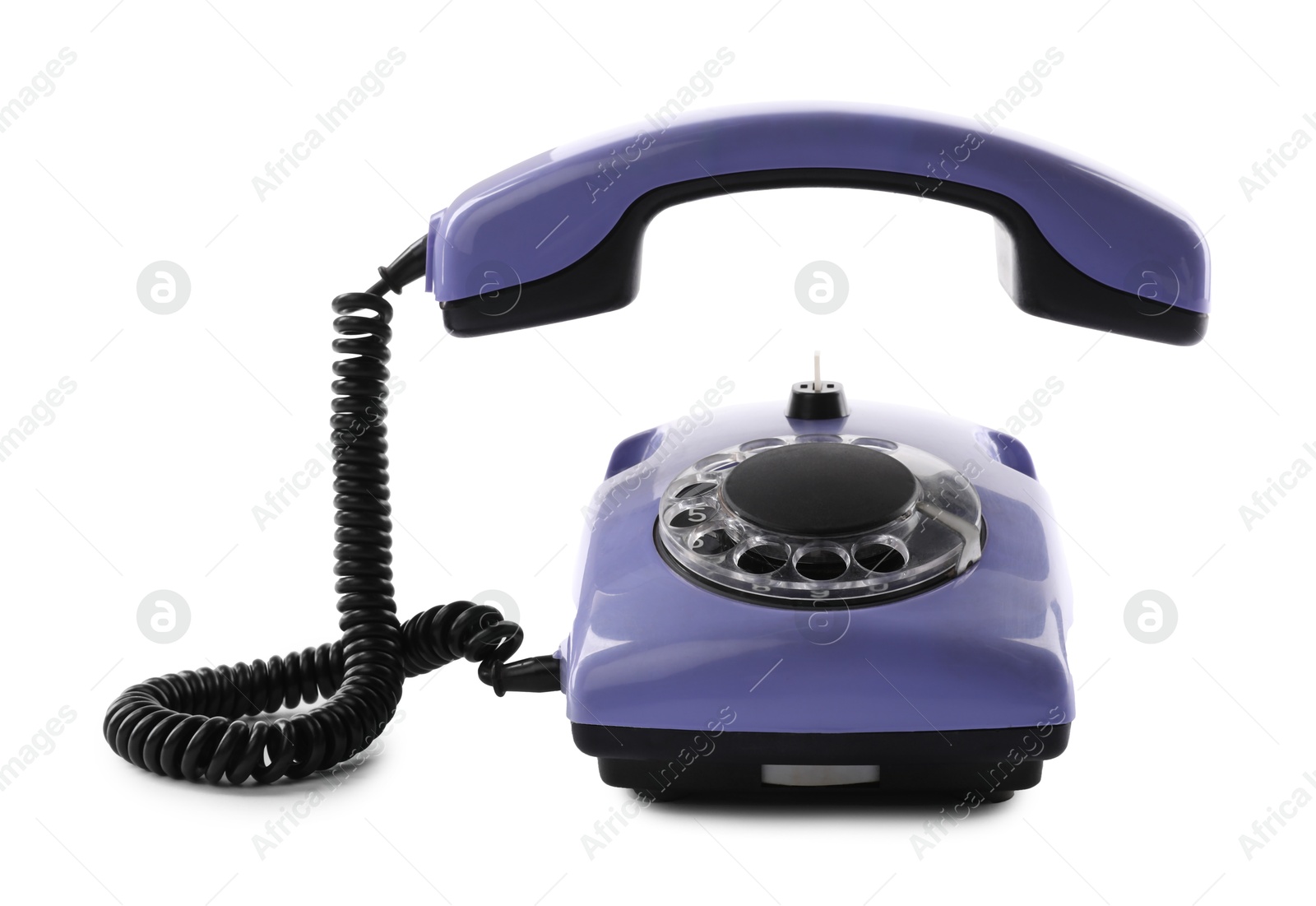 Photo of One violet telephone with handset isolated on white