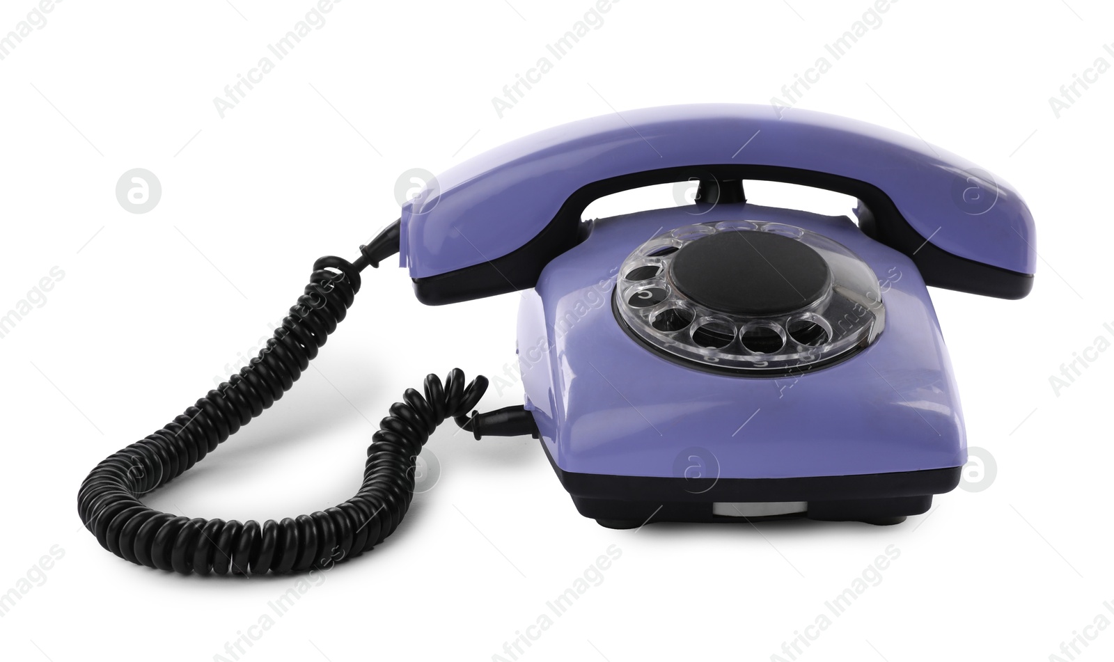 Photo of One violet telephone with handset isolated on white