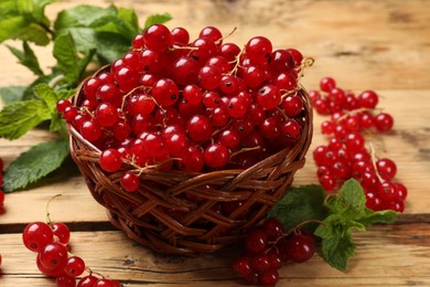 Fresh red currants in basket and mint on wooden table, closeup