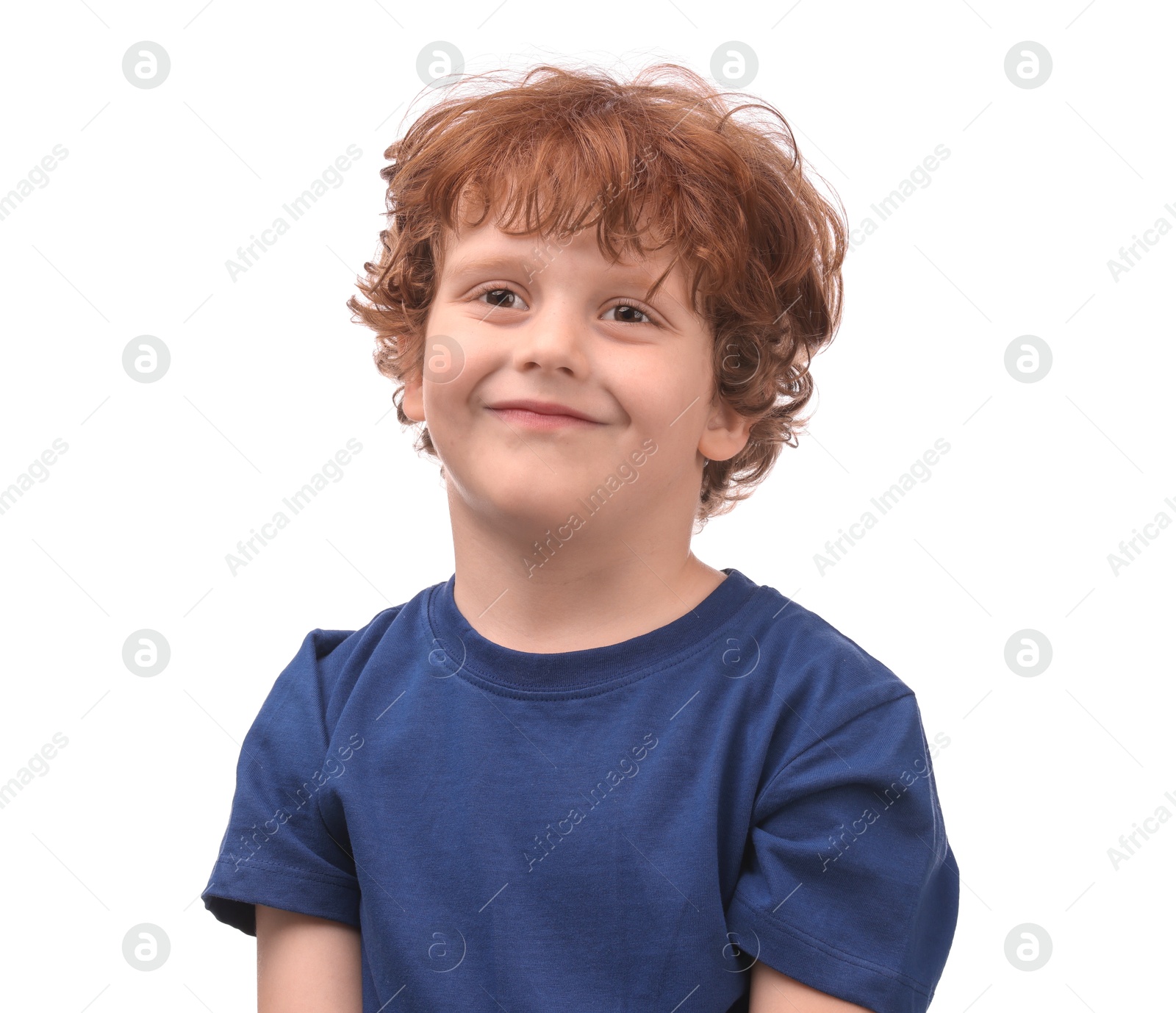 Photo of Portrait of cute little boy on white background