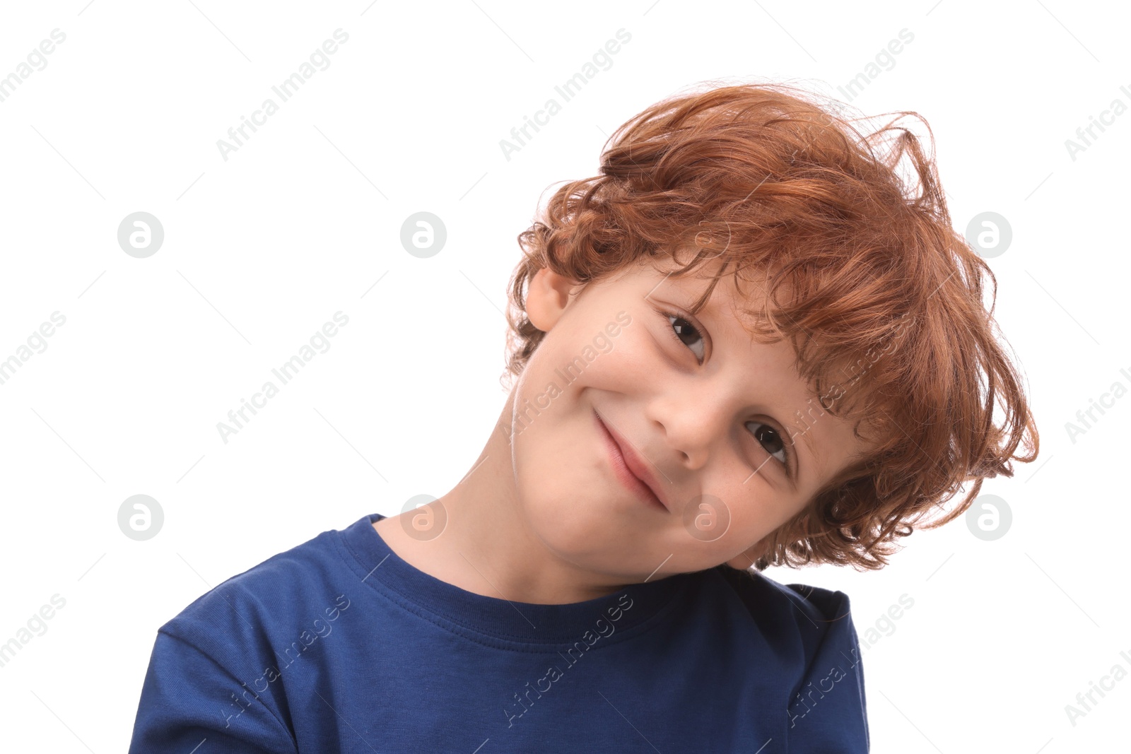 Photo of Portrait of cute little boy on white background