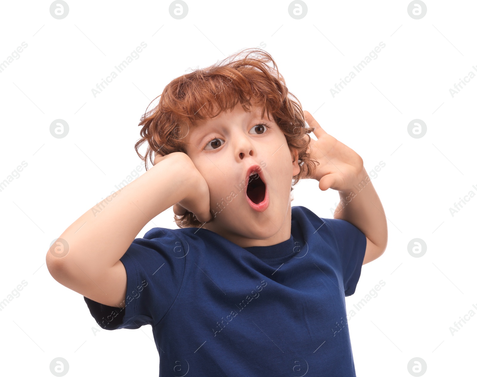 Photo of Portrait of emotional little boy on white background