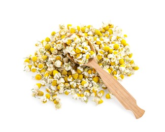 Photo of Pile of chamomile flowers and wooden spoon isolated on white, top view