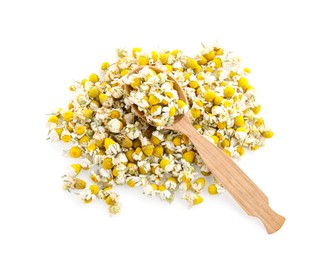 Pile of chamomile flowers and wooden spoon isolated on white, top view