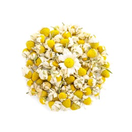 Pile of fresh and dry chamomile flowers isolated on white, top view