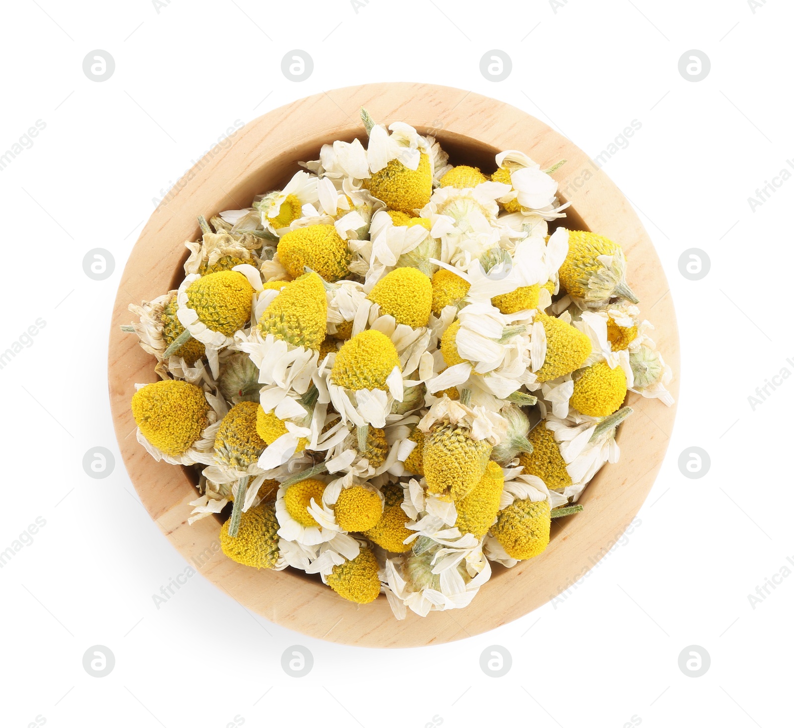 Photo of Chamomile flowers in wooden bowl isolated on white, top view