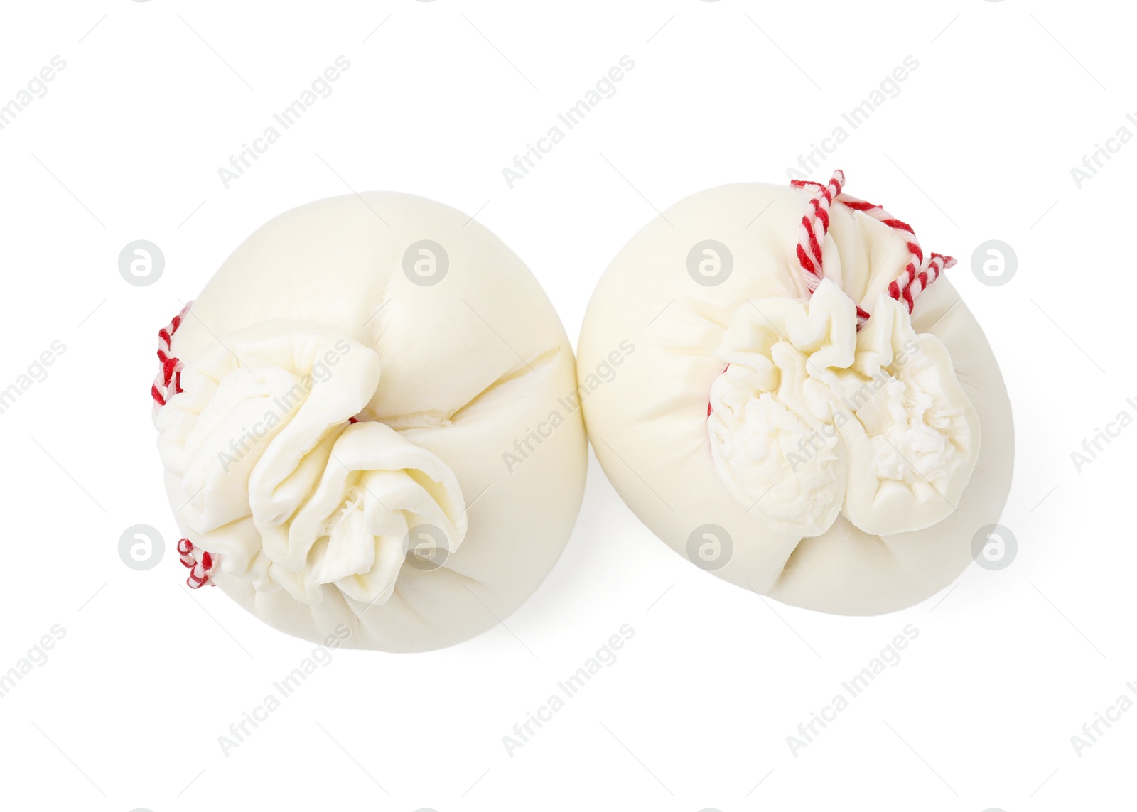 Photo of Fresh delicious burrata cheese isolated on white, top view