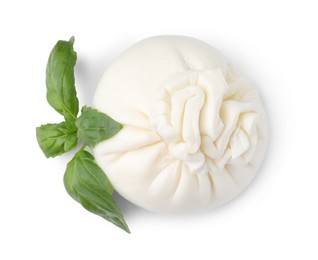 Photo of Fresh delicious burrata cheese and basil isolated on white, top view