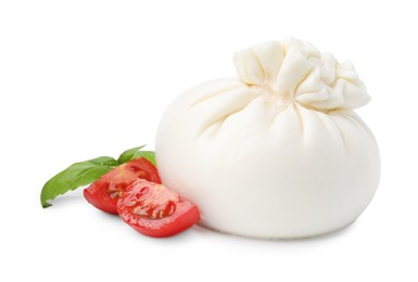 Photo of Fresh delicious burrata cheese, tomatoes and basil isolated on white