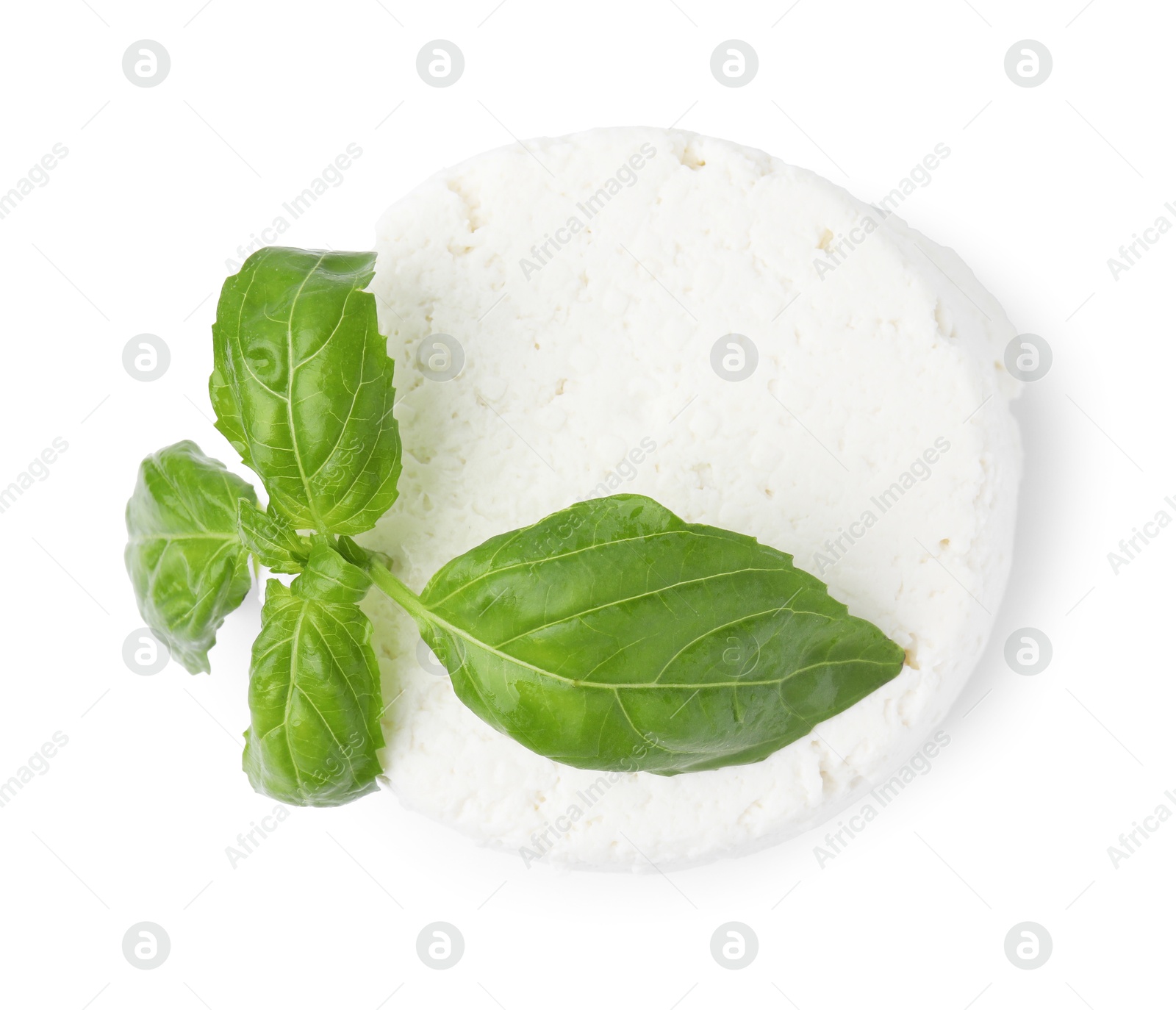 Photo of Fresh ricotta (cream cheese) and basil isolated on white, top view