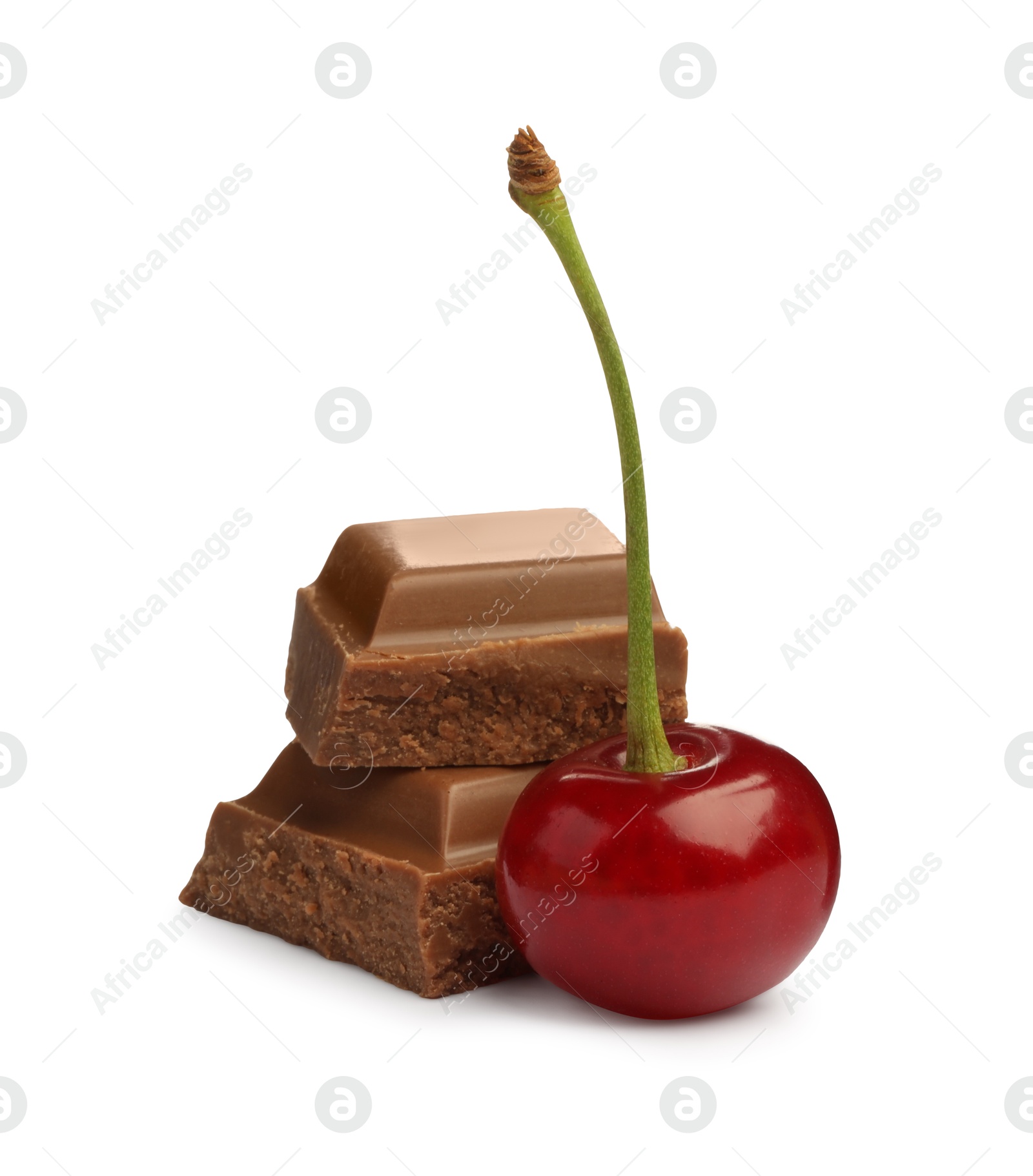 Photo of Fresh cherry with pieces of milk chocolate isolated on white