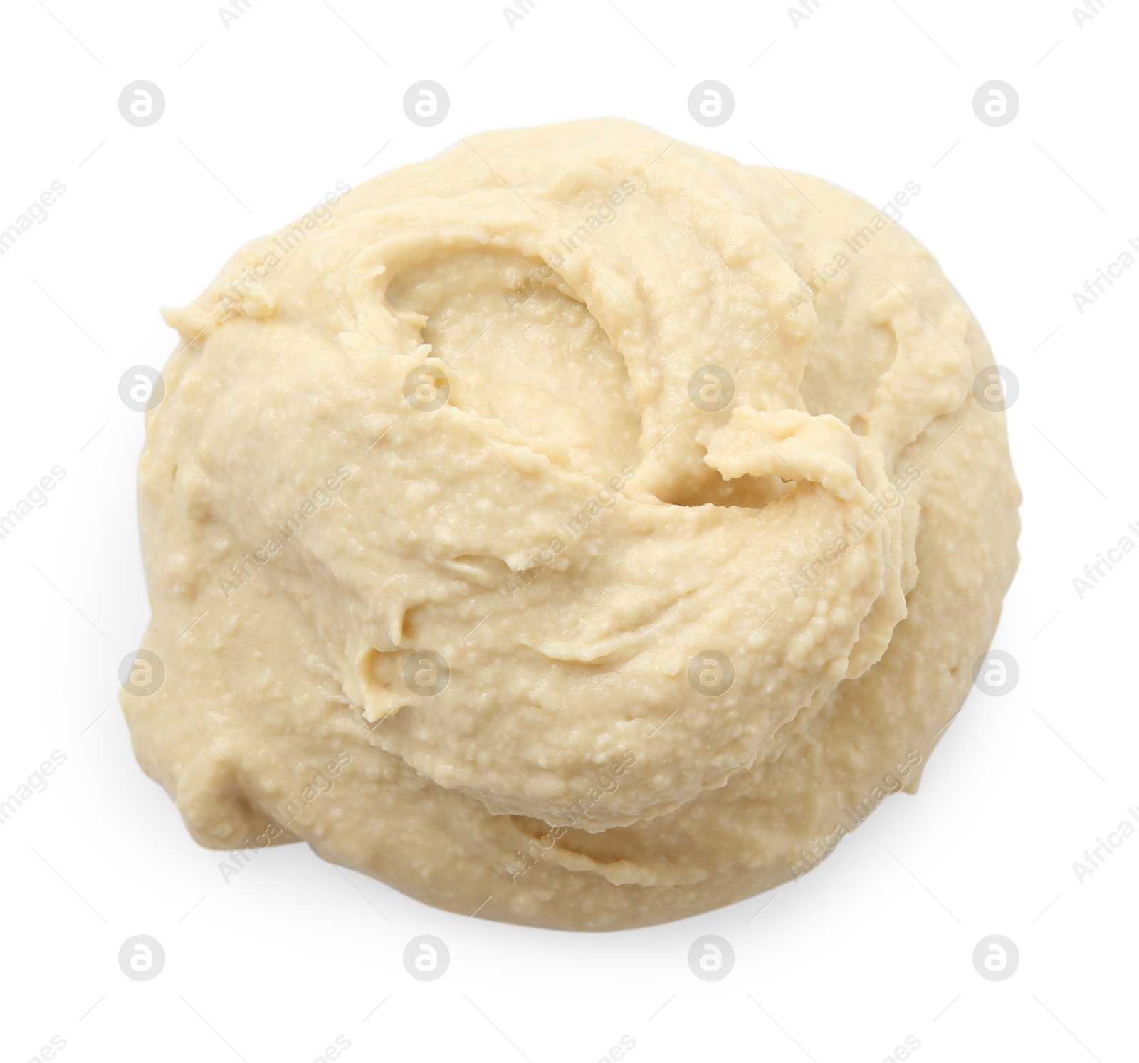 Photo of Sample of delicious hummus isolated on white, top view