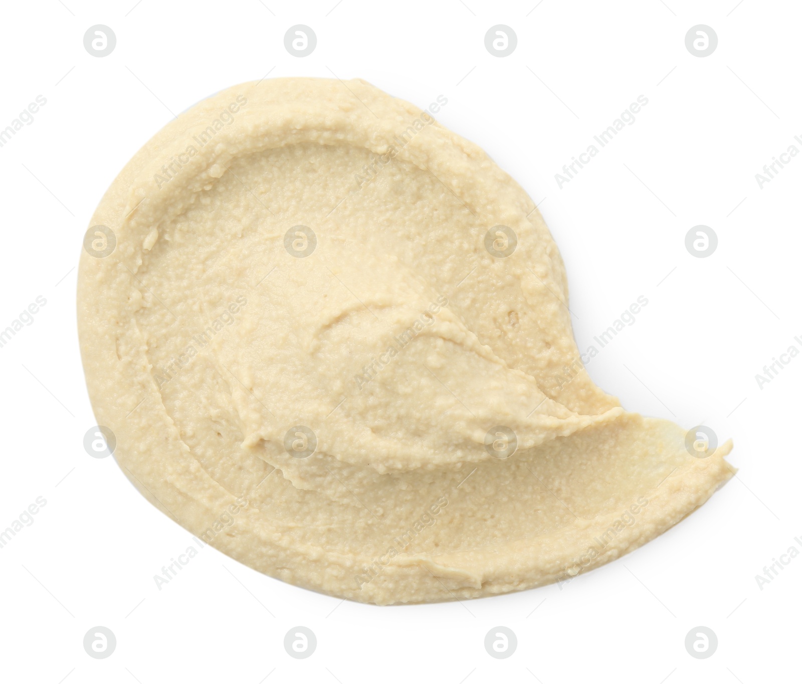 Photo of Sample of delicious hummus isolated on white, top view