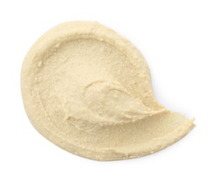 Photo of Sample of delicious hummus isolated on white, top view