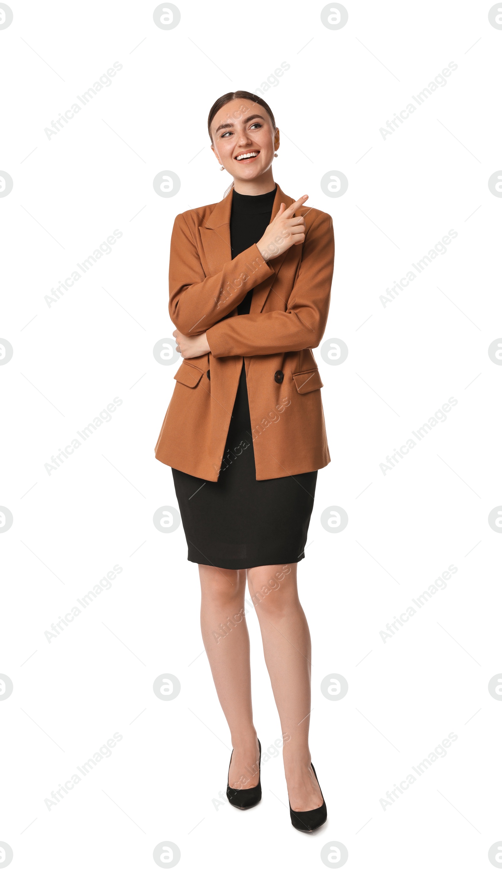 Photo of Beautiful woman in brown jacket and black dress on white background